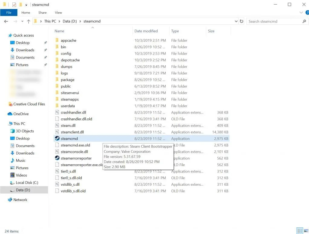 Locate the steamCMD executable on your local Windows machine