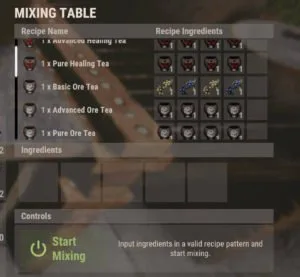 screenshot of the rust mixing table user interface