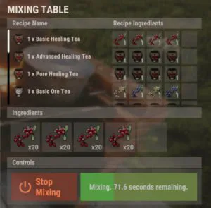 screenshot of the rust mixing table user interface while combining ingredients for tea