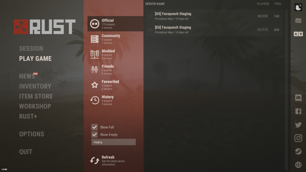 Official RUST Staging Servers