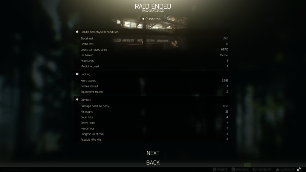Escape From Tarkov Raid End Stats Screen