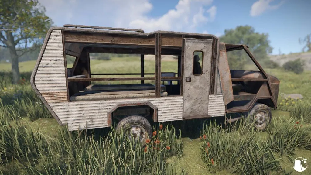 Nearly destroyed vehicle with camper module