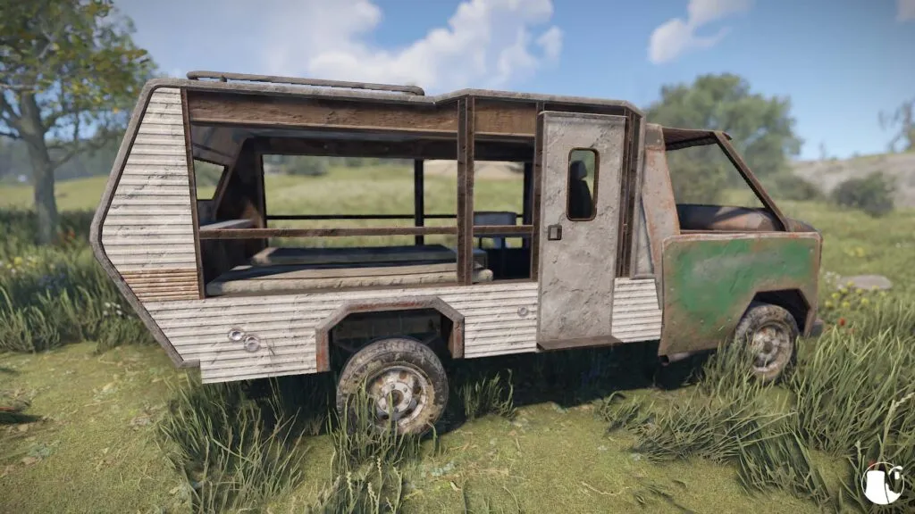 Rust camper module with heavy damage