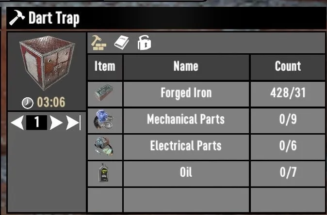 Dart Trap Recipe Screen