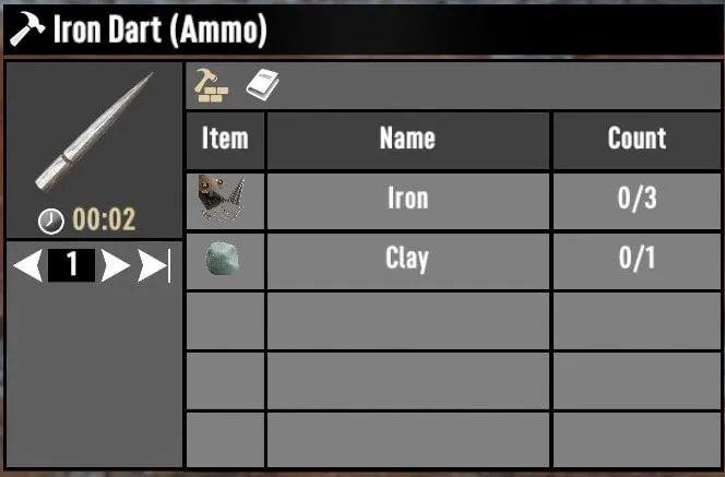 Iron Dart Recipe Screen