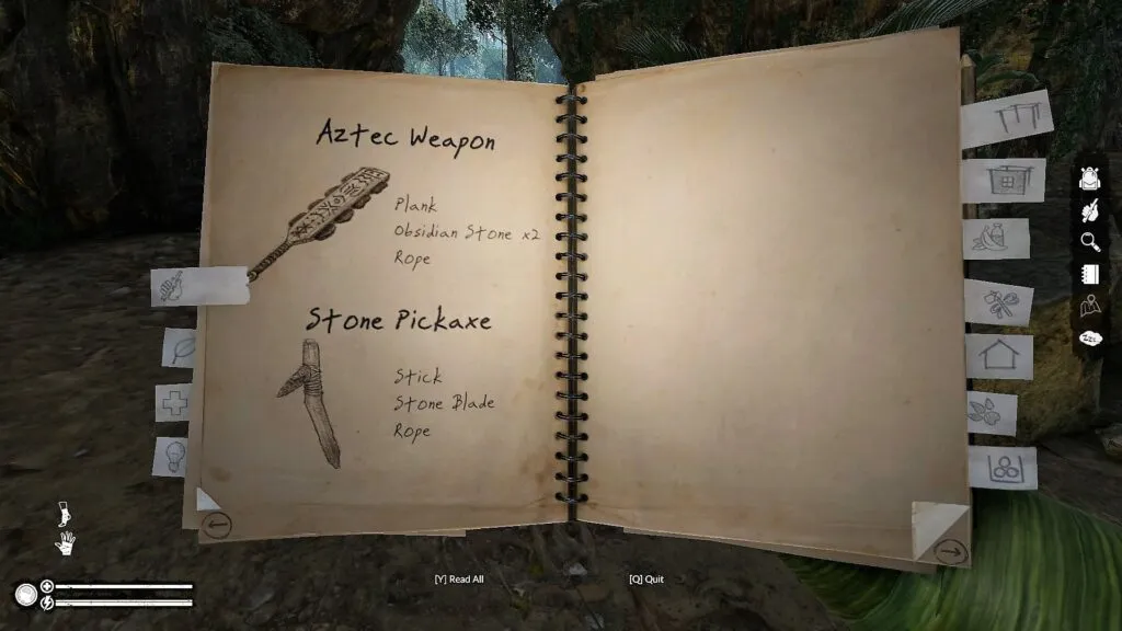 Aztec Weapon Recipe in the Notebook in Green Hell