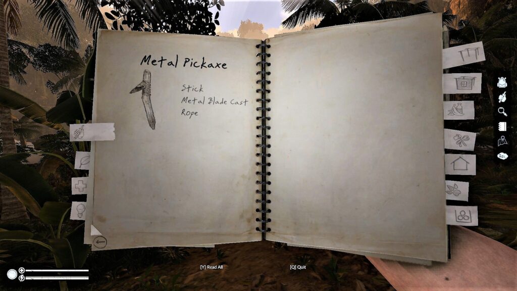 Metal Pickaxe Recipe in the Notebook in Green Hell