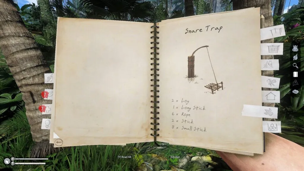 Green Hell's Snare Trap Recipe in the Notebook