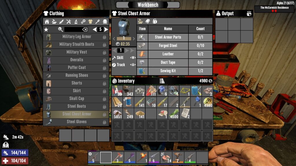 Crafting Armor (Steel Chest Armor) at the Workbench