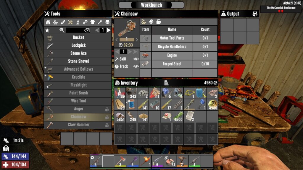 Crafting Tools (Chainsaw) at the Workbench