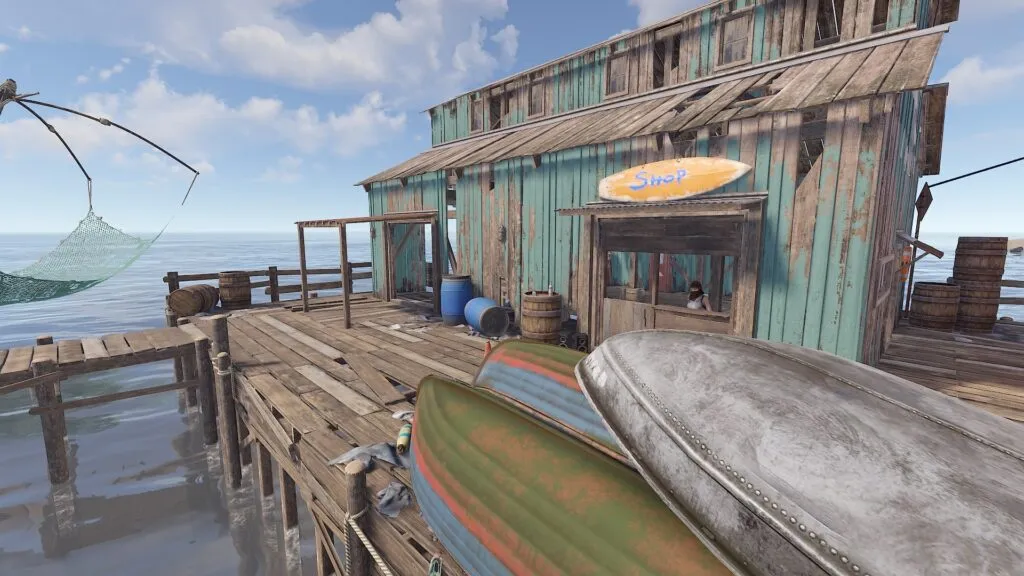 The Boat Vendor Shop located on the Fishing Village monument in RUST