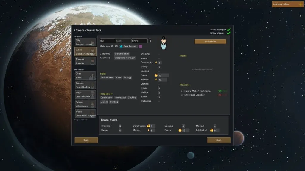 Character Creation Screen in RimWorld
