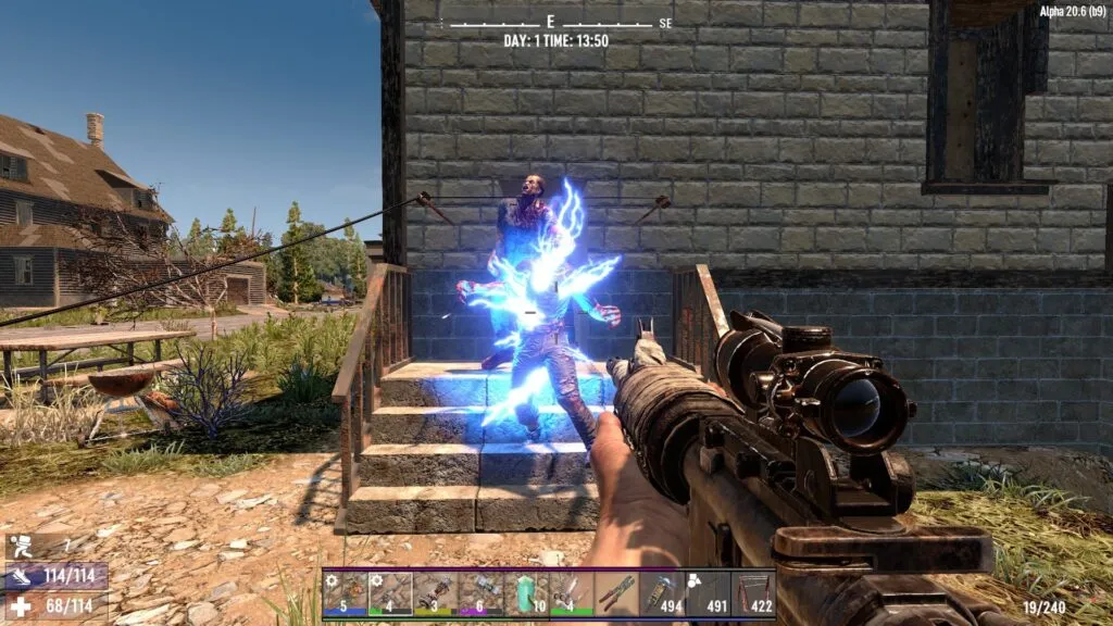 A Deployed Electric Fence Post with Zombies Walking Through