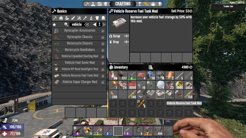 7 Days to Die Vehicle Reserve Fuel Tank Mod Description