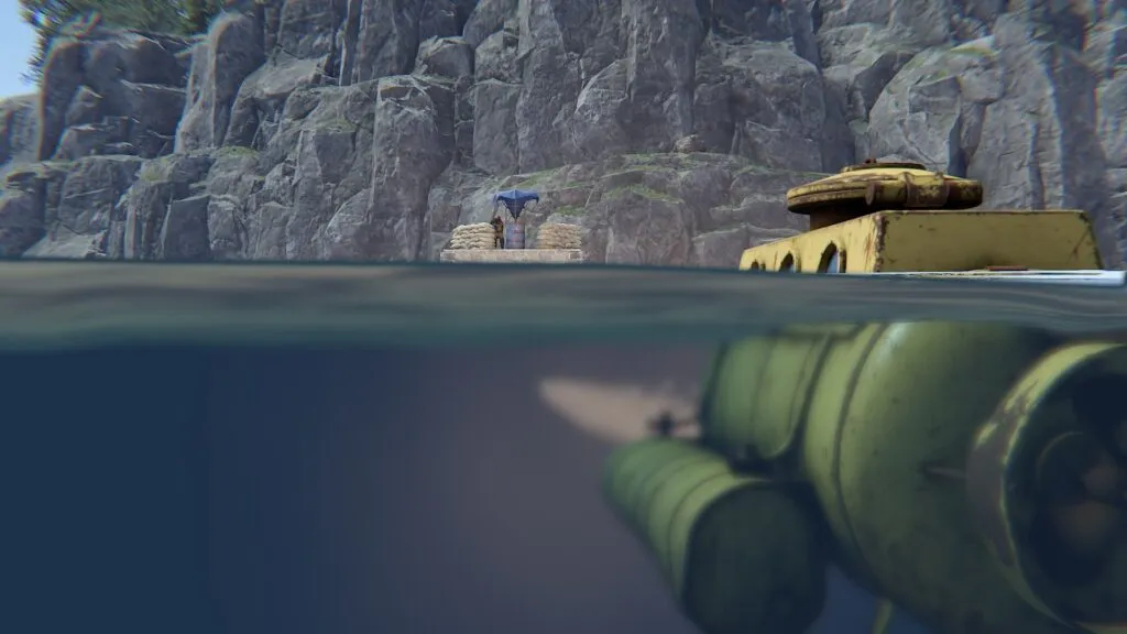 A Duo Submarine Launching a Torpedo at an Exposed Shore Base