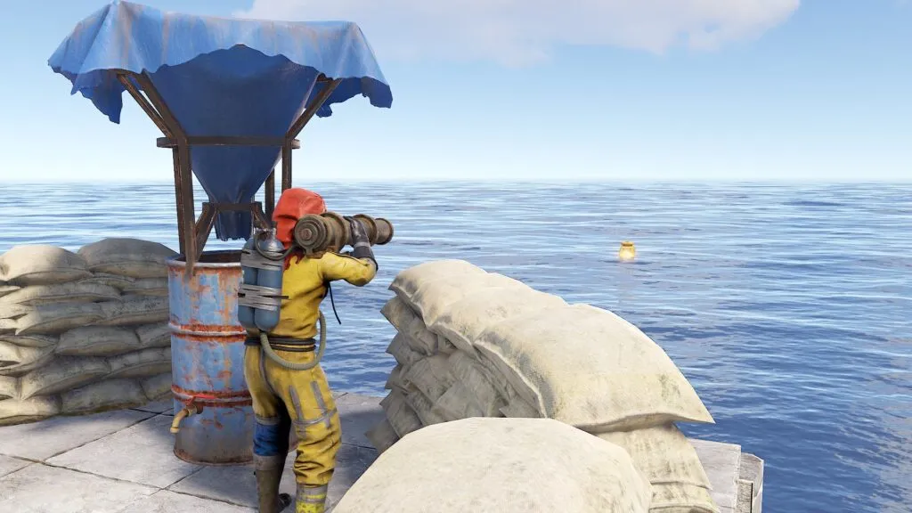 A Player Defending Their Base Using a Rocket Launcher
