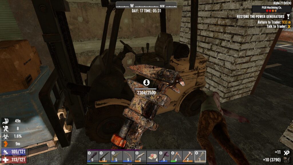 Salvaging a forklift inside a factory in 7 Days to Die for Mechanical Parts