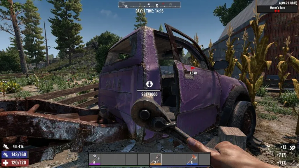 Salvaging a rusted truck for parts in 7 Days to Die