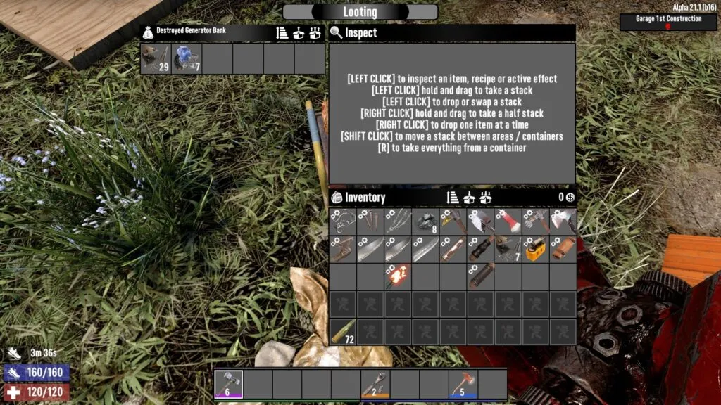 Looting parts from a destroyed generator bank in 7 Days to Die