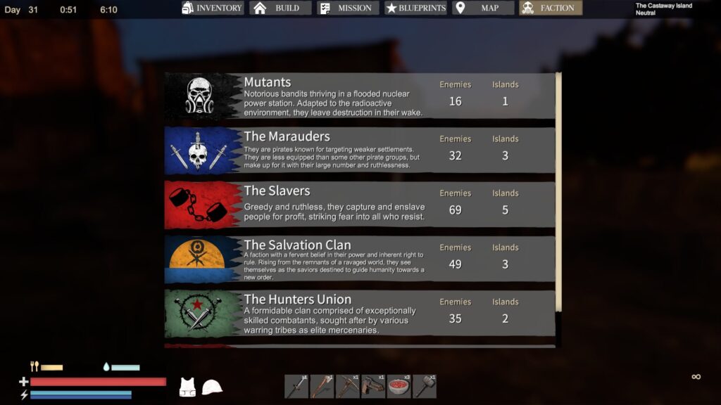 Faction Screen in Sunkenland