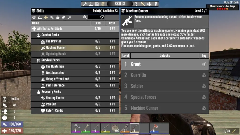 Inspecting the Machine Gunner Skill Perk in 7 Days to Die