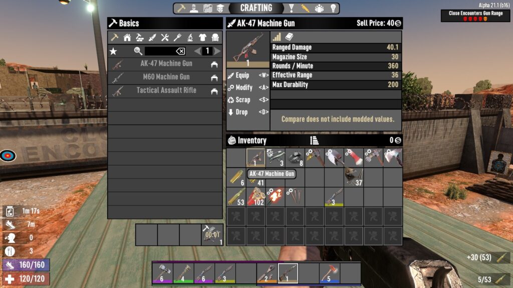 The crafting screen for an AK-47 machine gun in 7 Days to Die