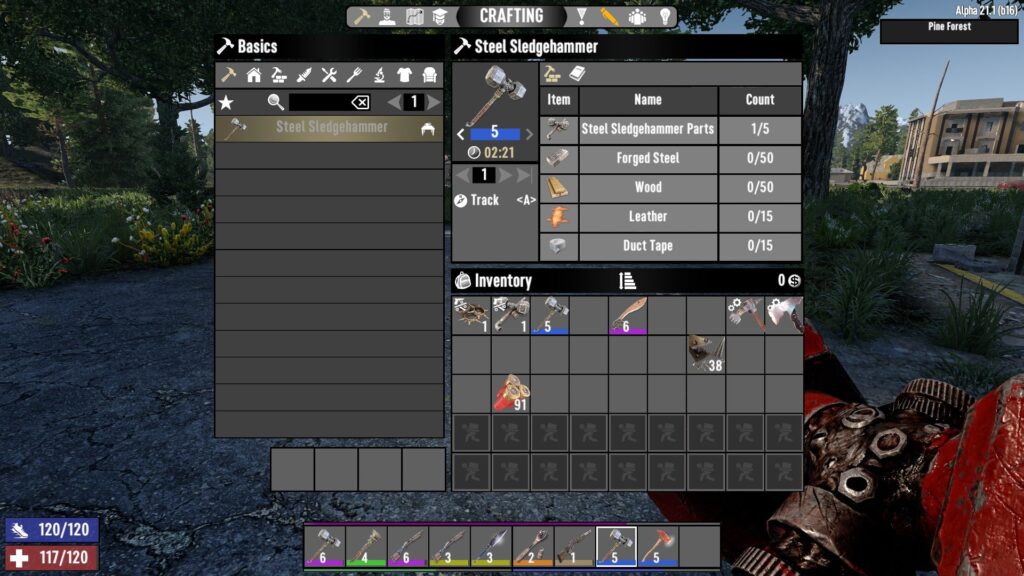 Inspecting the Steel Sledgehammer Crafting Recipe (Quality 5) in 7 Days to Die