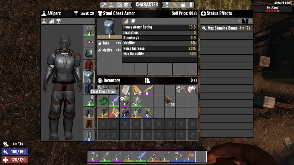 7 Days to Die steel chest armor item description, stats, and status effects