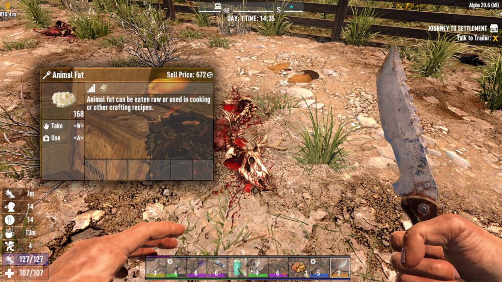7 Days to Die player holding a knife over an animal corpse