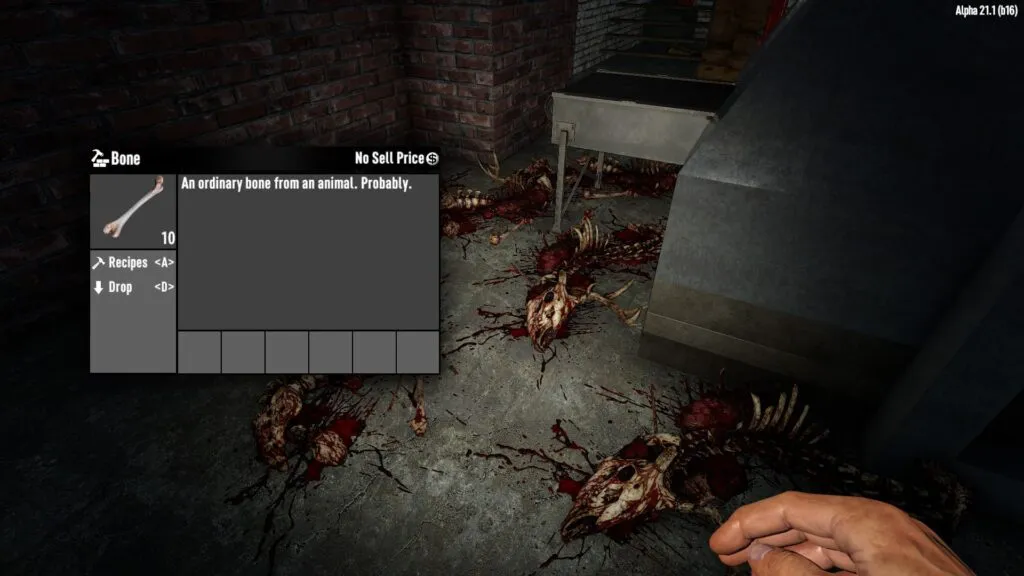 7 Days to Die player collecting bones from animal corpses in a basement