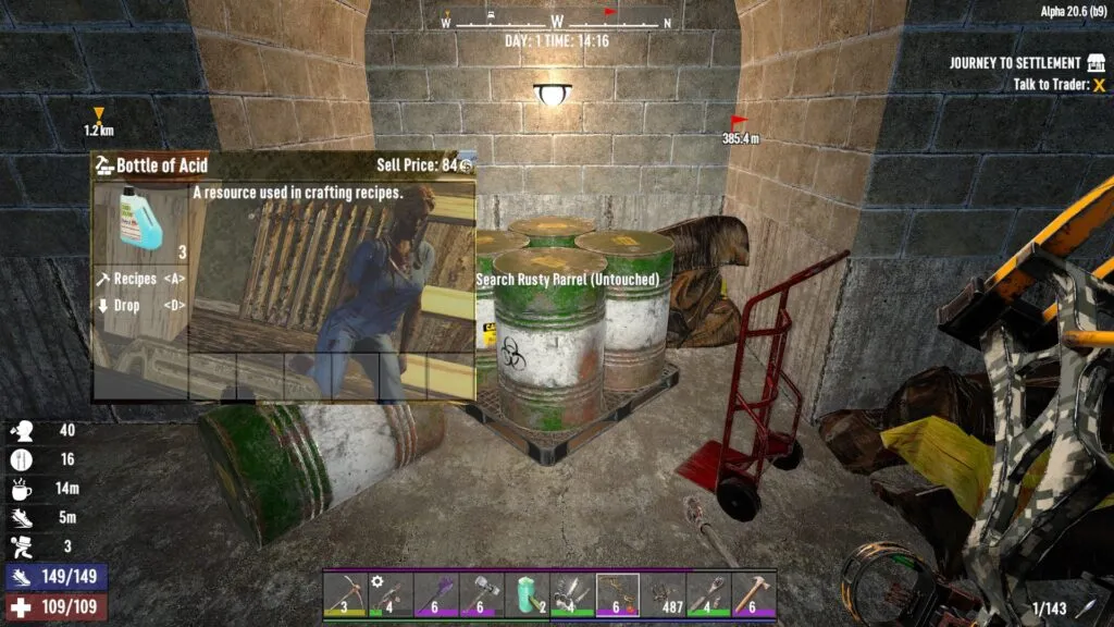 7 Days to Die player searching rusty barrels for acid bottles