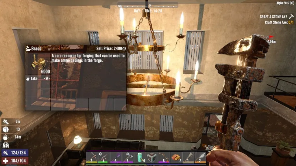 7 Days to Die player wielding a pipe rench to dismantle a chandelier for brass
