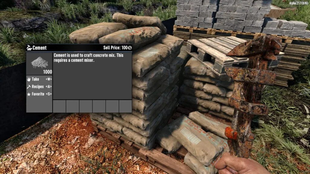 7 Days to Die played standing above bags of cement on a pallet