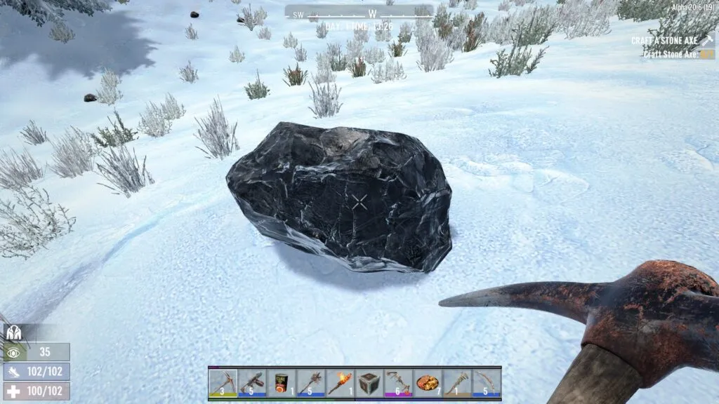 7 Days to Die player wielding a pick axe to farm coal
