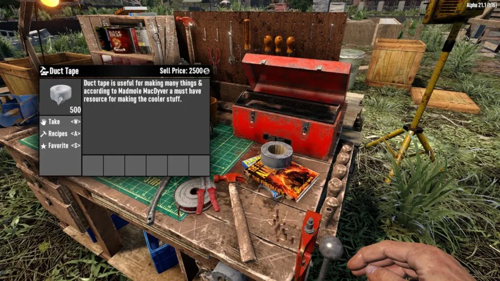 7 Days to Die player at a workbench with duct tape and tools