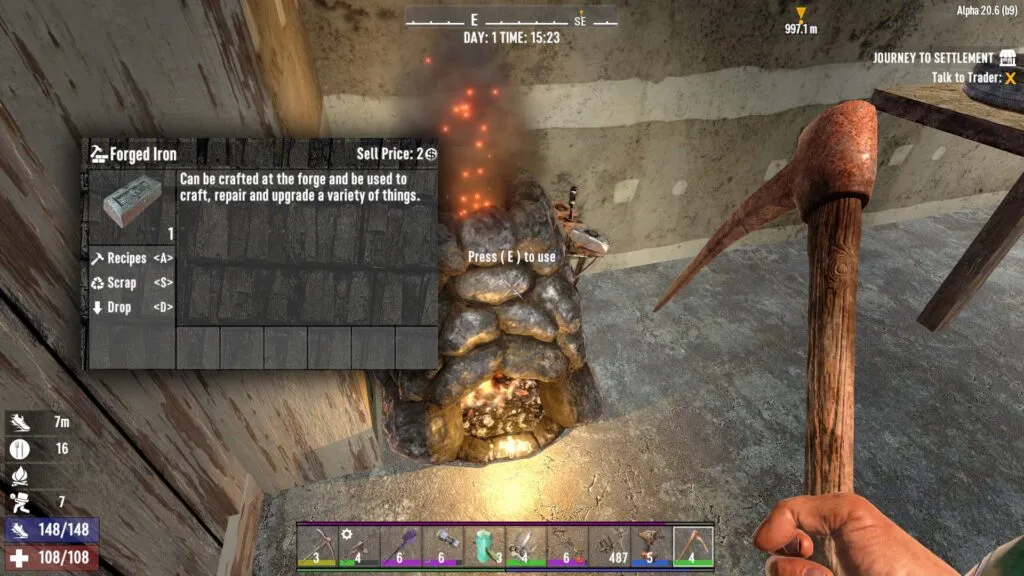 7 Days to Die player wielding a pick axe over a forge