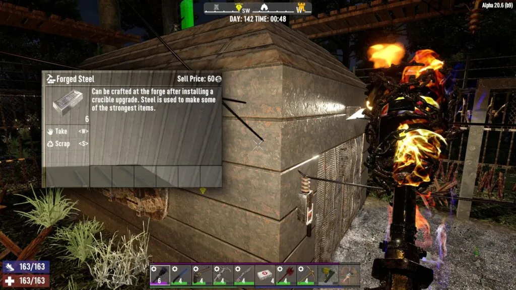 7 Days to Die player standing in front of a crucible to collect forged steel