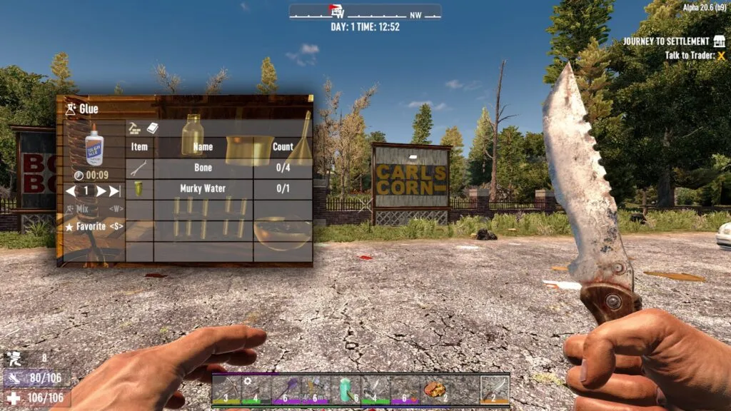 7 Days to Die player wielding a knife heading into a trader's store