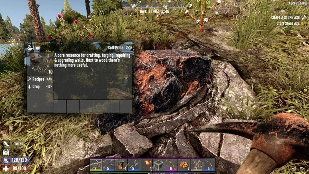 7 Days to Die player wielding a pixk axe to farm iron ore