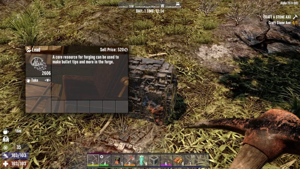 7 Days to Die player wielding a pick axe to farm lead