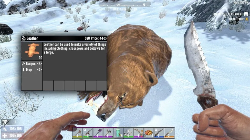 7 Days to Die player holding a knife over a bear corpse to harvest leather