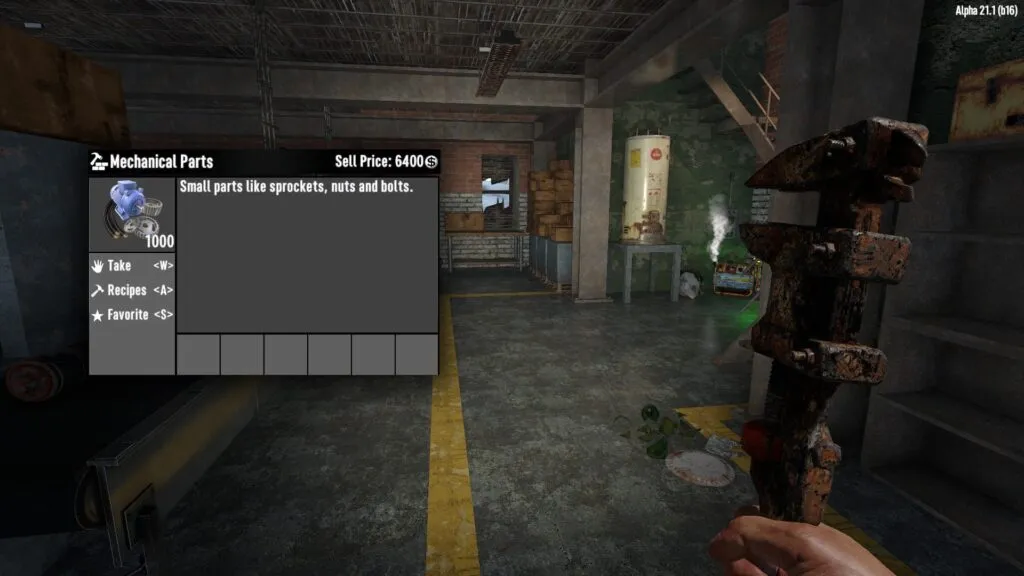 7 Days to Die player wielding a wrench while searching for mechanical parts in a factory