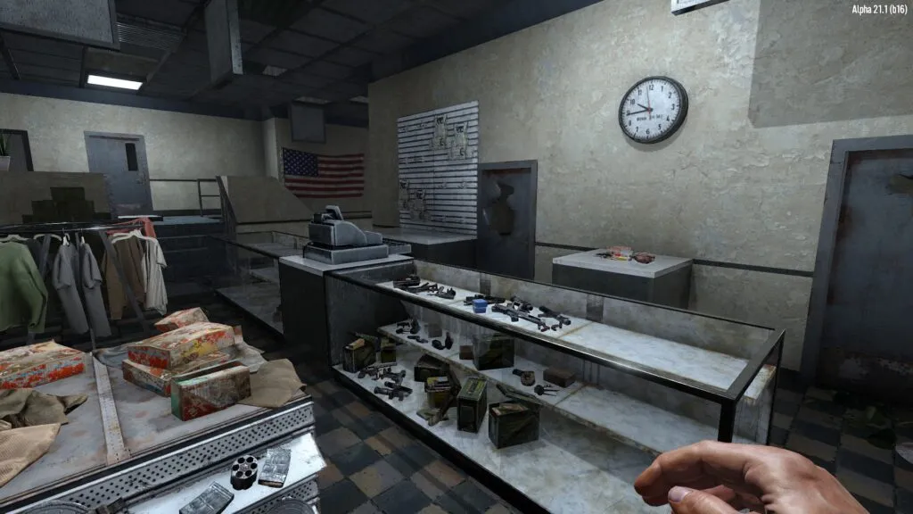 7 Days to Die player walking through an abandoned storefront