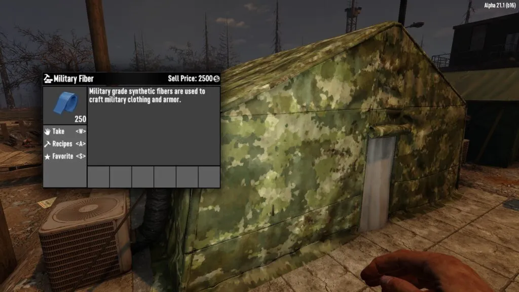 7 Days to Die player approaching a camouflaged military tent