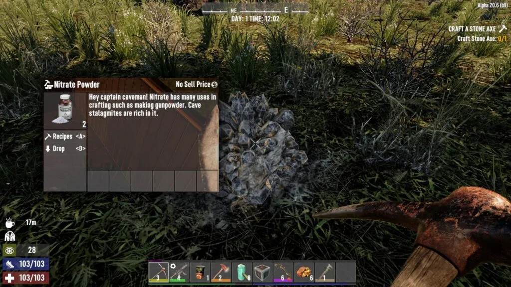 7 Days to Die wielding a pick axe to harvest nitrate powder
