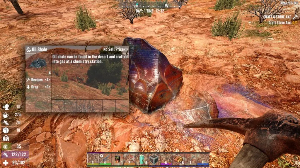 7 Days to Die player wielding a pick axe to harvest oil shale