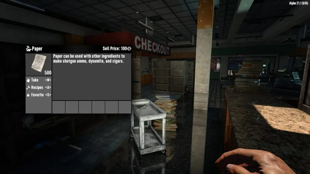 7 Days to Die player walking through a store to collect paper
