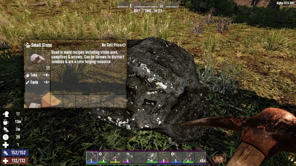 7 Days to Die player wielding a pick axe to farm small stone