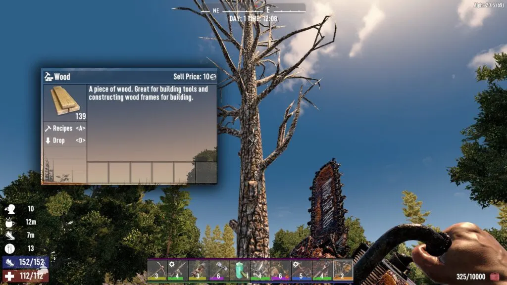 A player holding a chainsaw in 7 Days to Die with the Wood item description
