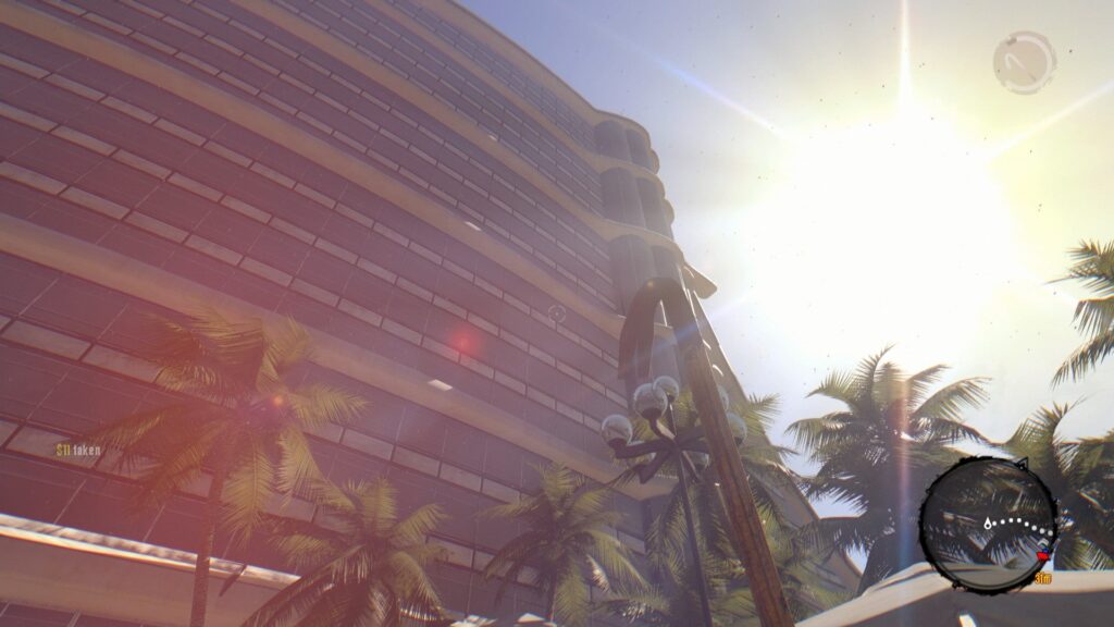 In-game Graphic Screenshot 3, staring up at the sun with a building 